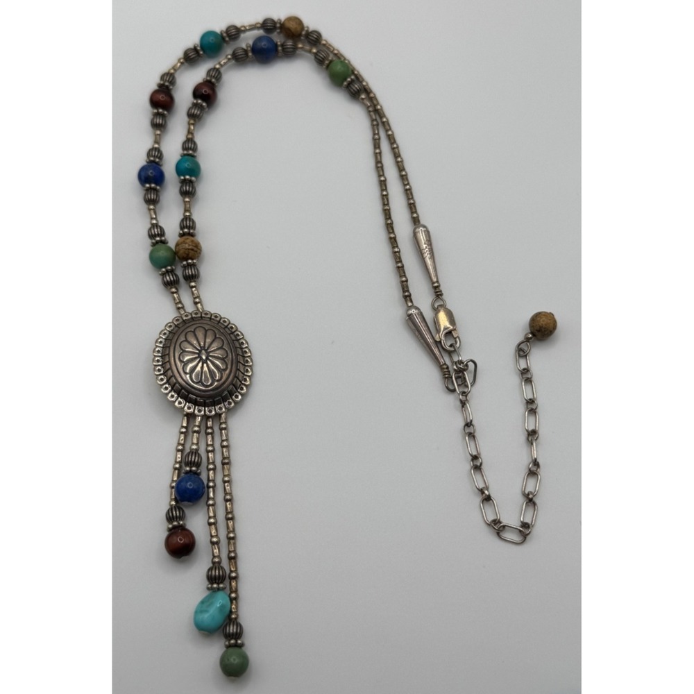 QT Sterling Silver Multi Gemstone Bead Concho Pendant Dangle Lariat Necklace